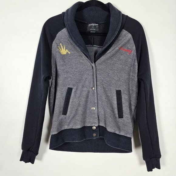Stussy Shawl Collar Embroidered Mens Medium Long Sleeve Button Cardigan Sweater - Picture 1 of 6